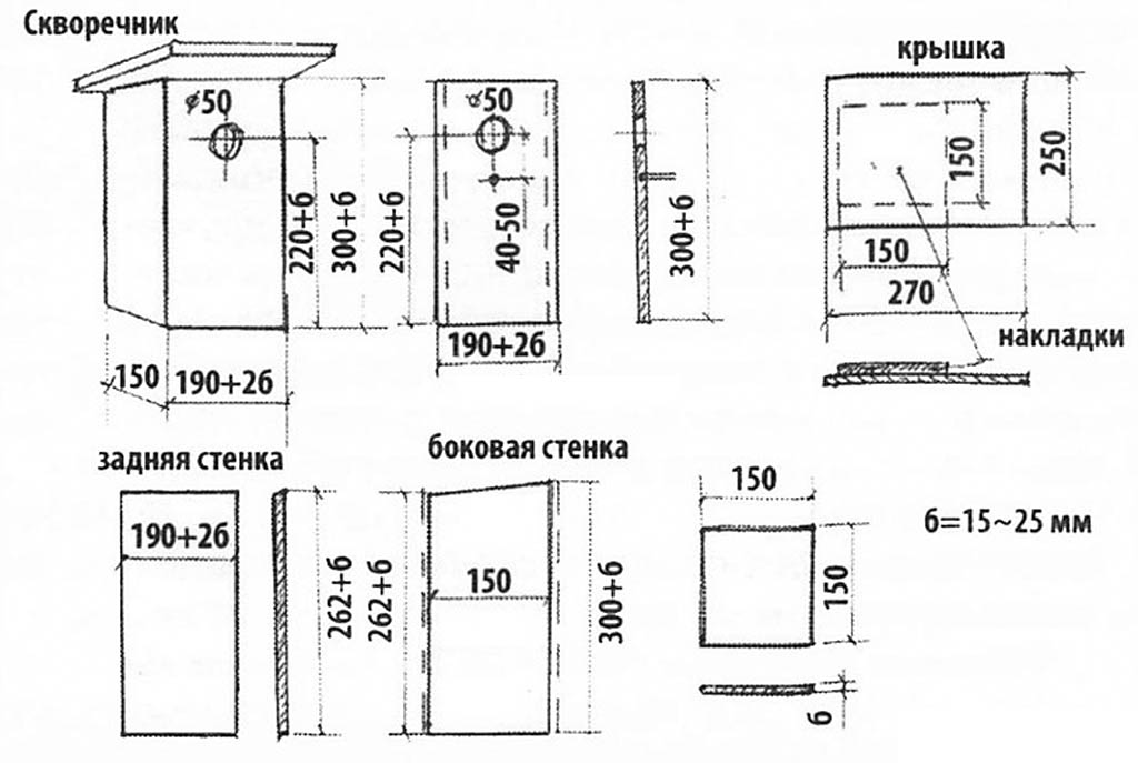 Чертёж скворечника с приподнятой крышей