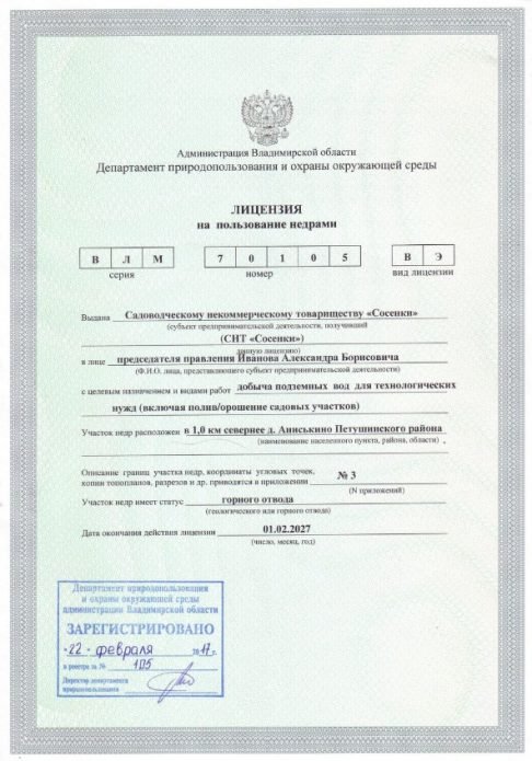 Лицензия на использование подземных вод